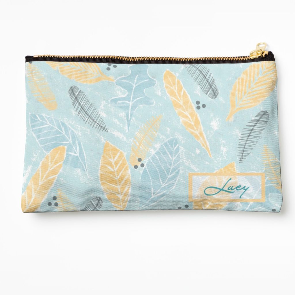 mustard-teal-and-grey-personalised-make-up-bag-with-leaves-and-feathers